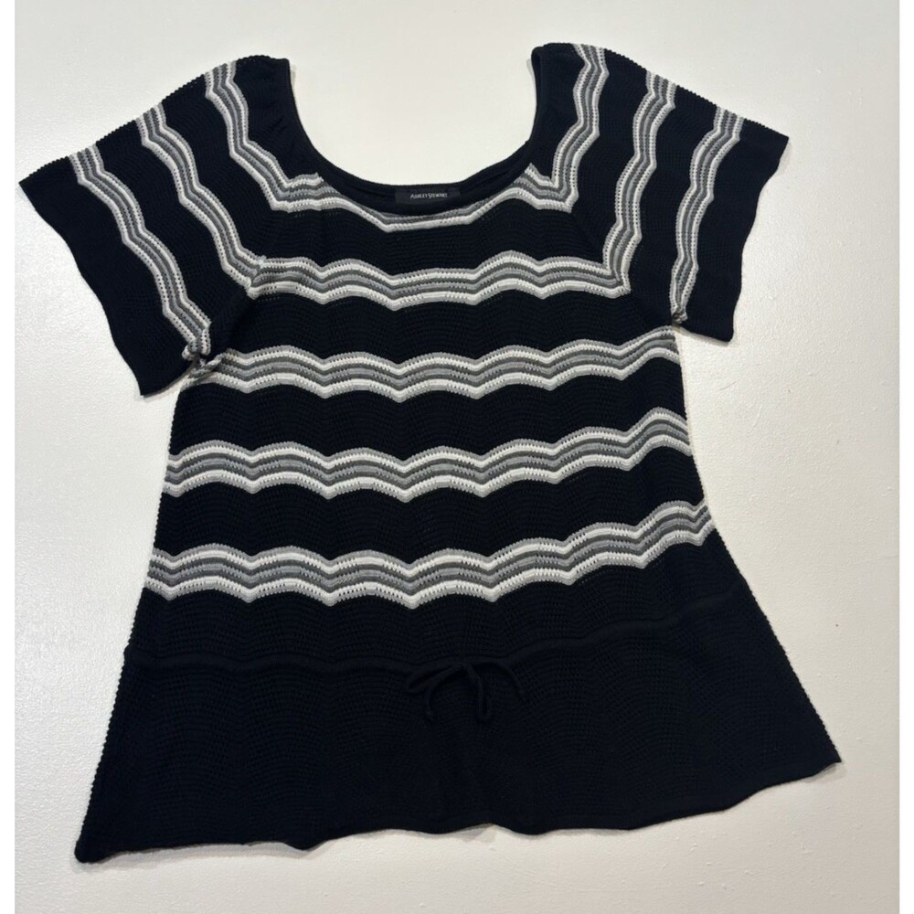 Women's 18/20 Short Sleeve Sweater Ashley Stewart Chevron Waist Tie Navy Scallop